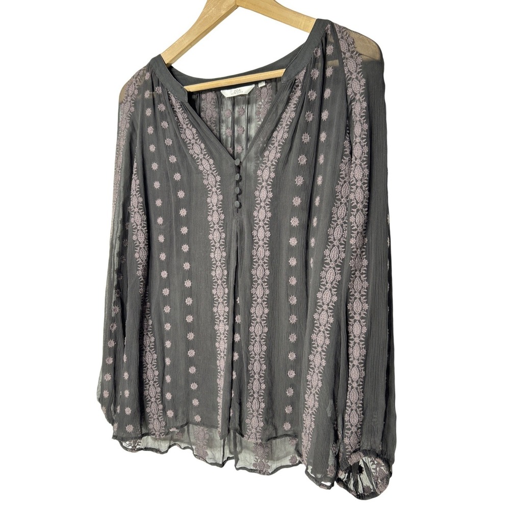ZOA New York Womens Grey Mauve Embroidered Sheer V-Neck Blouse Size S